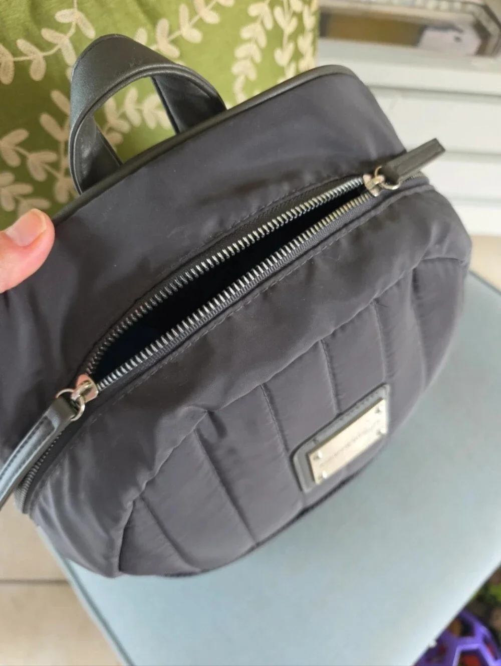 Quilted, Sleek, boxy, Gray Nylon Backpack with Pink-Tan Stripe.
